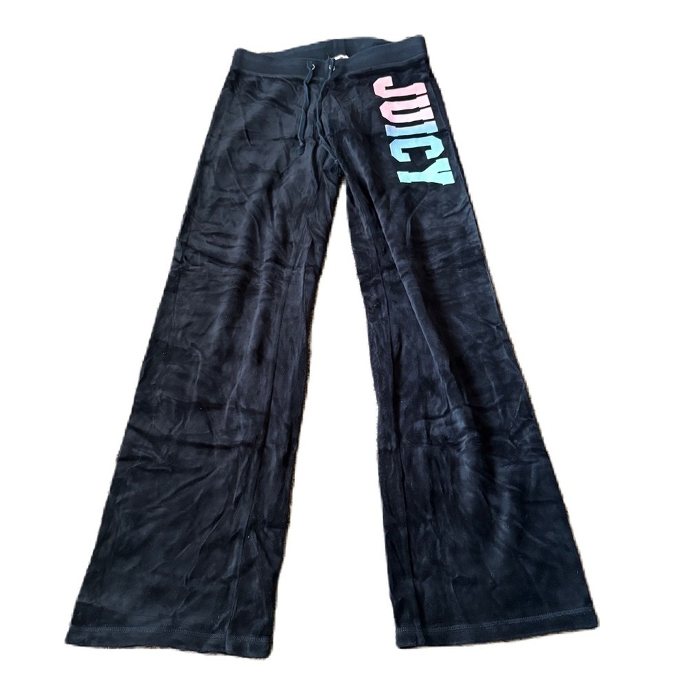 Juicy Couture Black Velour Pants Colorful Logo Sz P Vintage Y2K 90s